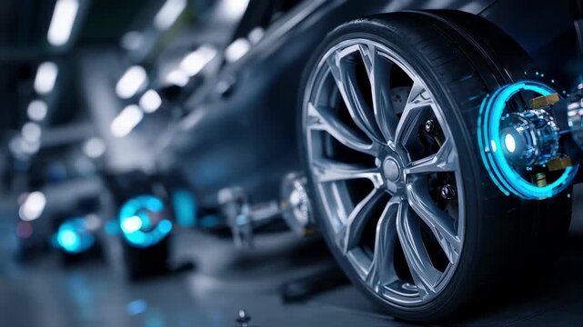 Focused view of advanced wheel alignment systems digital interface precision sensors in crisp detail blurred mechanics emphasize cuttingedge technology.