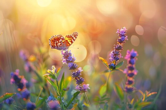 Beautiful sunny summer nature scene with butterfly flying over blooming lavender flowers and soft golden sunlight bokeh