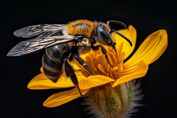 Close-Up Macro Photography of Bee on Yellow Blossom with Dark Background, Nature and Pollination Concept