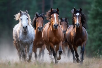 Obraz premium Horses running swiftly through a forest clearing on a sunny day in early autumn