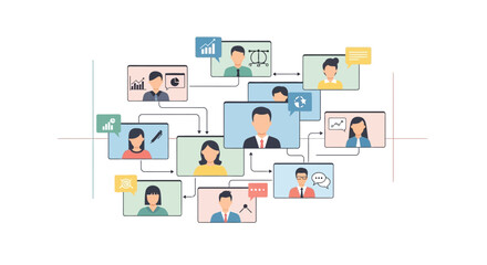 Illustration of diverse group of professionals in virtual meeting on digital platform with video call screens