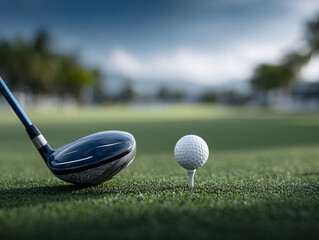 a golf ball positioned on a tee with a golf club head resting beside it. The background features a lush green golf course with trees and a clear blue sky.