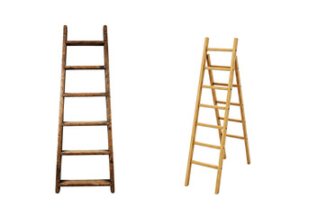 Wooden ladder isolated on white background, realistic vintage step ladder for construction, home renovation, or interior decor design, natural wood texture, carpentry and handyman concept
