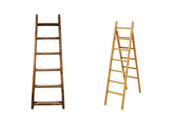 Wooden ladder isolated on white background, realistic vintage step ladder for construction, home renovation, or interior decor design, natural wood texture, carpentry and handyman concept