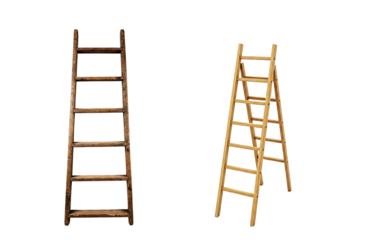 Wooden ladder isolated on white background, realistic vintage step ladder for construction, home renovation, or interior decor design, natural wood texture, carpentry and handyman concept
