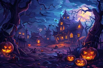Mysterious haunted house illuminated by eerie lights and glowing jack-o'-lanterns on a spooky Halloween night, perfect for festive backgrounds