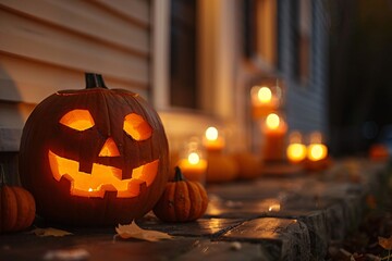 Glowing Halloween Pumpkin with a Scary Face Illuminated on a Wooden Porch at Night