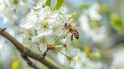 Macro Shot of Honey Bee Pollinating White Cherry Tree Flowers with Delicate Petals and Soft Light