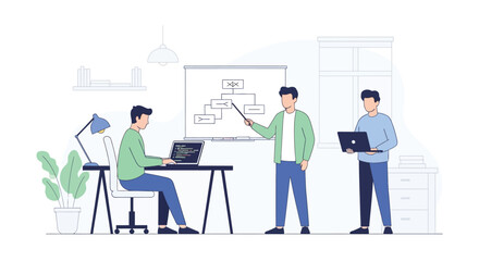Illustration of team of professionals collaborating on project with laptops and whiteboard in modern office