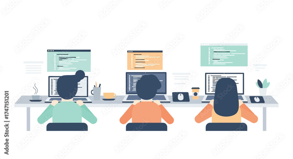 Wall mural illustration of three professionals working on computers in modern office environment with coding sc