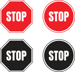 Stop Sign Icon Set Collection – Red and Black Traffic Warning Symbol Vector Illustration Isolate on White Background 