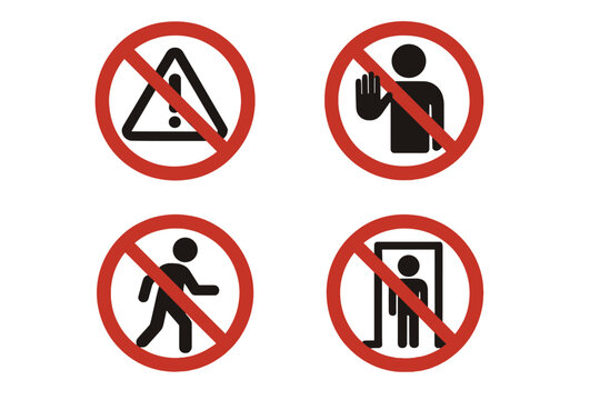 Set of Prohibition and Warning Signs Vector Illustration with Transparent Background, No Entry, No Walking, No Access, Safety and Caution Symbols for Industrial and Public Use