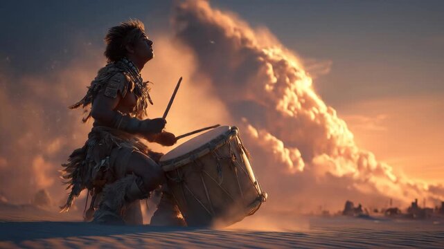 Drummer Performing in Desert at Sunset with Dramatic Clouds in