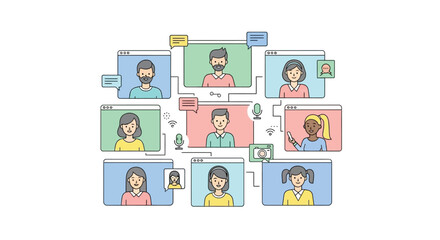 Illustration of diverse group of people in virtual meeting on computer screens