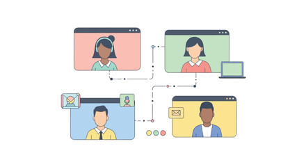 Illustration of diverse people engaging in virtual meetings and online collaboration on laptops