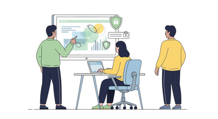 Illustration of team collaborating on cybersecurity project with digital interface and data protection concepts
