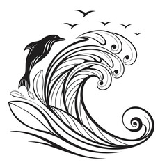 Black dolphin jumping over stylized wave with birds