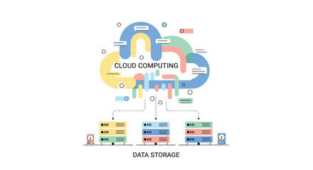 Illustration of cloud computing and data storage concept with colorful cloud and icons