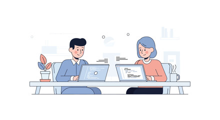 Illustration of two professionals collaborating on laptops at modern office desk with coffee and plants
