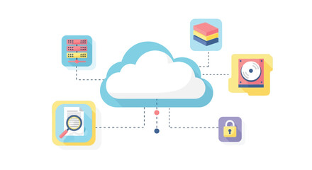 Illustration of modern cloud computing and data security concept with icons and cloud graphic