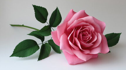 Naklejka premium A delicately crafted paper rose in full bloom, showcasing intricate details and soft pink hues against a clean, bright background for a stunning floral piece.