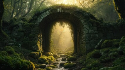 Ancient mossy stone archway in a misty forest