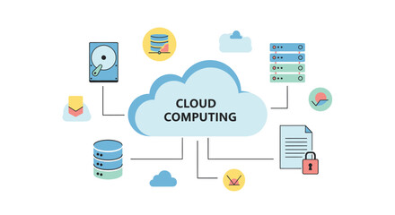 Illustration of modern cloud computing concept with data storage, servers, and networking icons