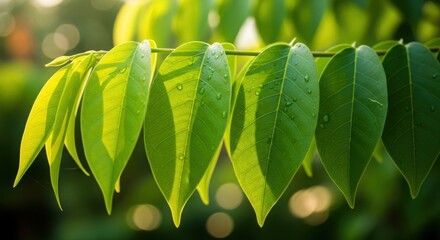 Closeup of green leaves with water droplets in sunlight