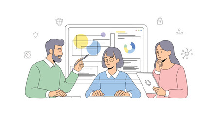 Illustration of team collaborating on digital project with laptop and cloudbased tools