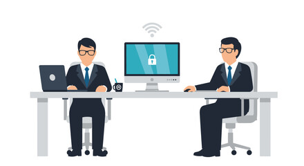 Illustration of two businessmen working together at desks with computers and secure network connection