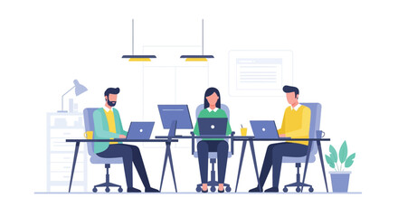 Illustration of diverse team collaborating on laptops in modern office environment with desks and chairs