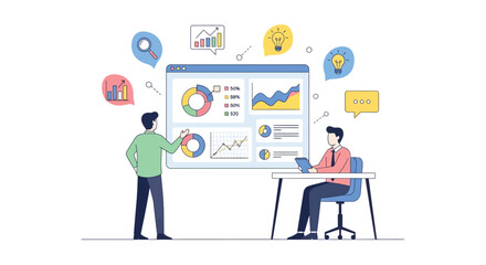 Illustration of business professionals analyzing data and charts on screen during presentation meeting