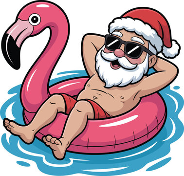 Santa Claus Relaxing on a Flamingo Pool Float