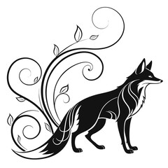 Black fox silhouette with swirling floral tail white