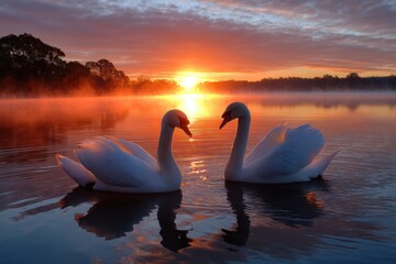 Fototapeta premium Swans gracefully swim in tranquil water at sunrise near a misty lakeshore