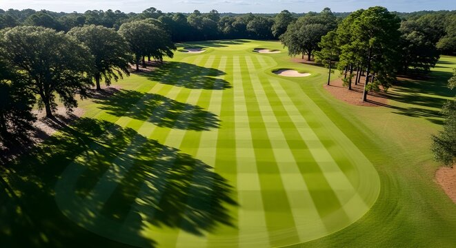 Stunning aerial view of a pristine golf course fairway with manicured stripes and mature trees casting dramatic shadows on a sunny day