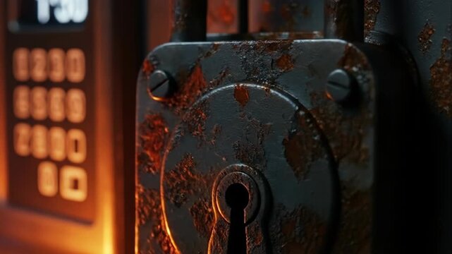 Close-up of a rustic metal safe with keypad and a keyhole lock