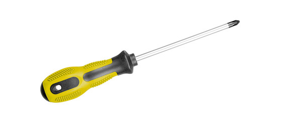 A Phillips screwdriver with an ergonomic Yellow black handle suits various DIY projects. Its sturdy design ensures reliable performance on isolated white background close-up