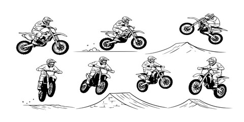 Set of motocross rider overcoming obstacles, black and white vector illustration
