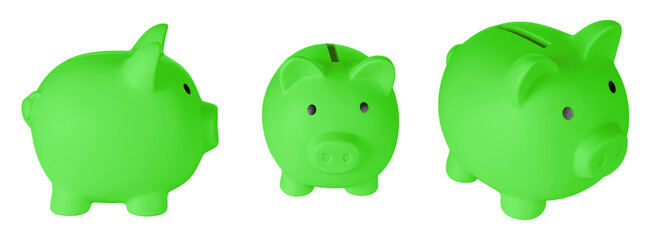Set Piggy bank pig Green color on isolated white background close up