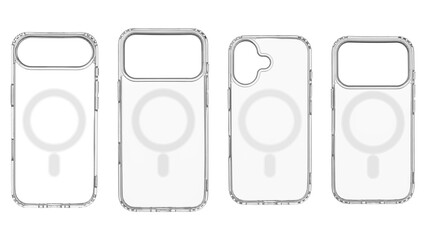 Set Flexible transparent case for smartphone model 17. Air. Pro, Pro Max, with magnetic ring for wireless charging. Minimalist accessory isolated on clean white background.