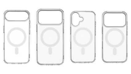 Set Flexible transparent case for smartphone model 17. Air. Pro, Pro Max, with magnetic ring for wireless charging. Minimalist accessory isolated on clean white background.