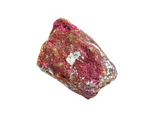 A colorful chalcopyrite mineral with golden flecks on a white isolated background, exhibiting pink iridescence and metallic sheen. Great for collectors or scientific exhibits.