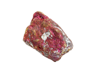A colorful chalcopyrite mineral with golden flecks on a white isolated background, exhibiting pink iridescence and metallic sheen. Great for collectors or scientific exhibits.