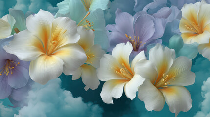 Fototapeta premium Elegant white, yellow, and lavender flowers drift among wispy teal clouds, creating a peaceful and dreamy abstract floral background illustration beautifully.