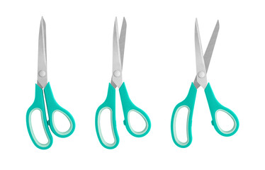 A set of blue handled scissors shown in closed, half-open, and open positions on a white background. Featuring sharp stainless steel blades and ergonomic grips, ideal for office, craft