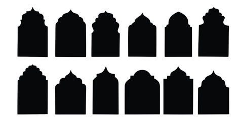 islamic arch, silhouette, architectural element, window, door, gothic, pointed arch, onion dome, mosque, temple, traditional, design, graphic, vector, black and white, isolated, pattern, decorative, o