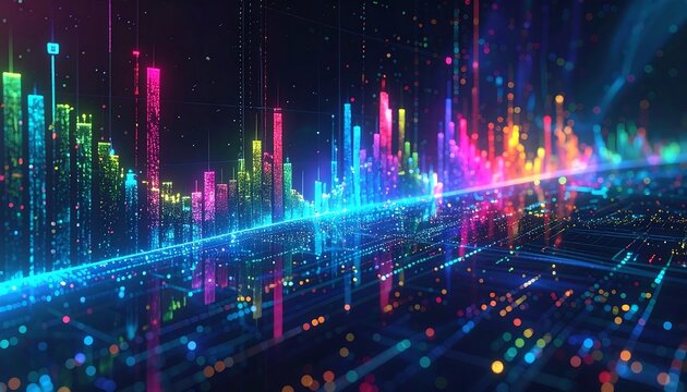 Abstract visualization of data flow in a vibrant and futuristic cityscape