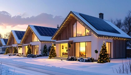 Cozy modern houses with solar panels on the roof, decorated with Christmas lights and trees in a snowy landscape