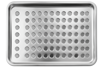 Stainless steel baking sheet designed with multiple round holes for improved airflow and heat distribution during baking